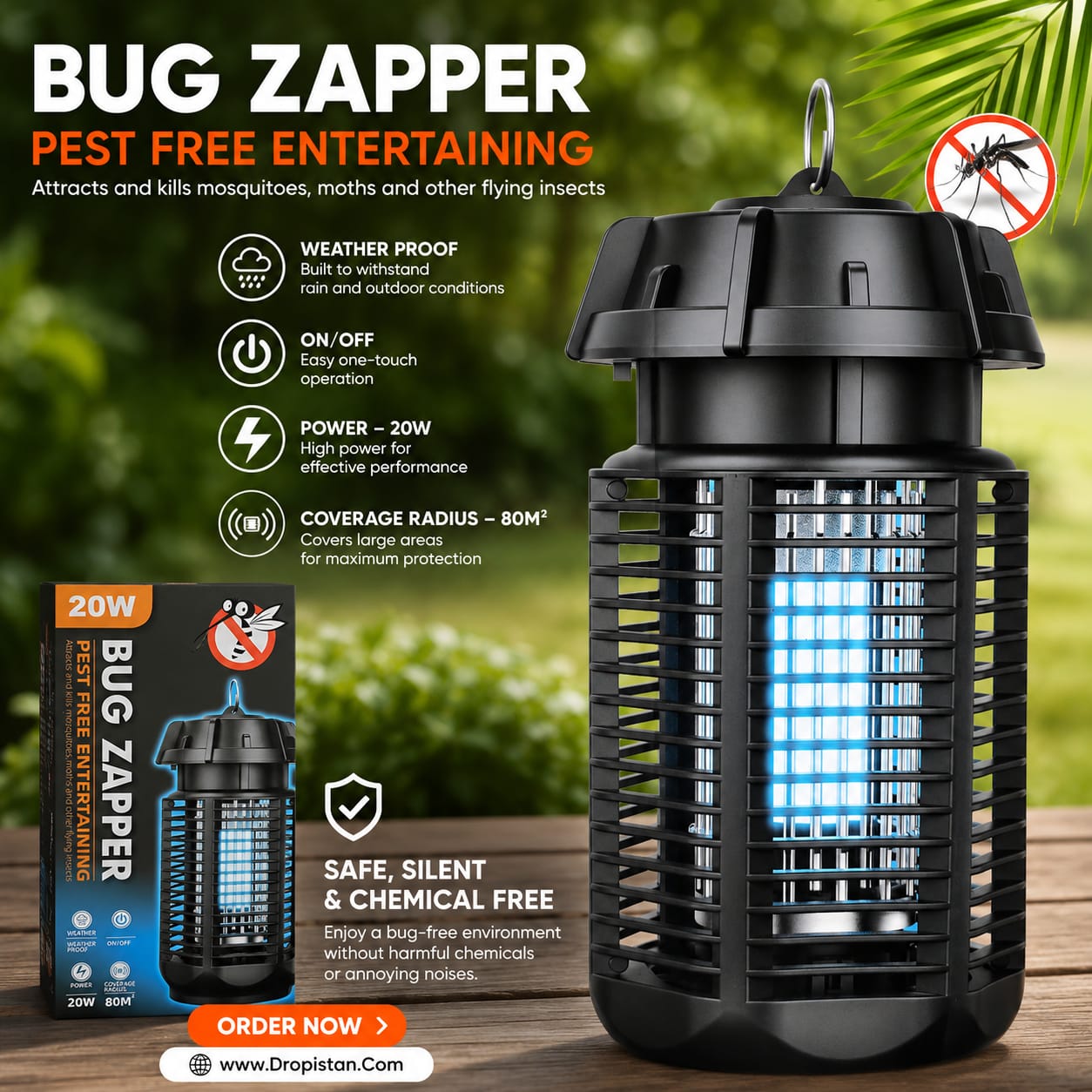 A black Bug Zapper mosquito trap lamp with glowing blue insect attraction lights, shown beside its retail box on a wooden surface with a blurred green outdoor background. The image includes marketing text and icons for weather proof, touch-free operation, 20W power, coverage radius, and safe chemical-free operation.