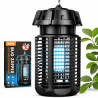 Black electric bug zapper lamp with a glowing blue UV light grid, shown next to its retail packaging box and green leaves on a white background.