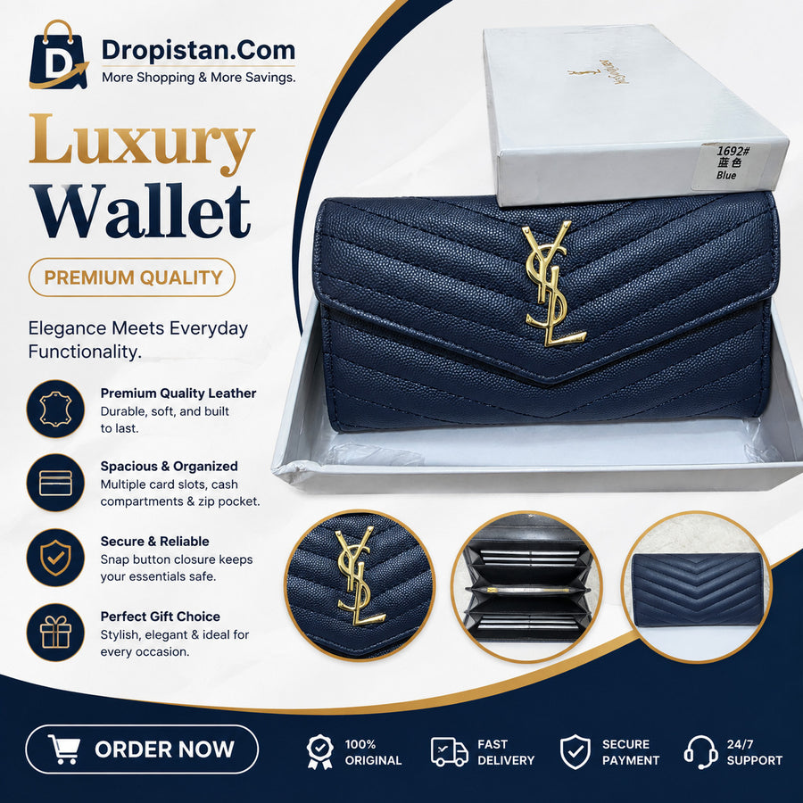 Luxury Quilted Blue Women's Long Wallet – Elegant Gold Accentv