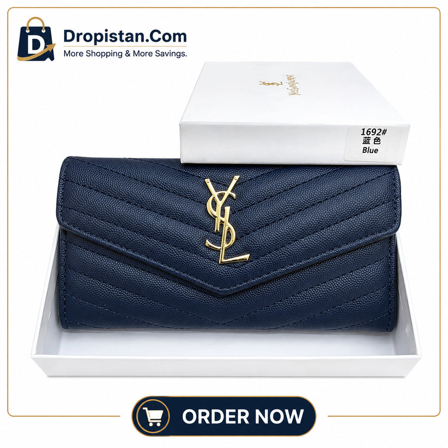 Luxury Quilted Blue Women's Long Wallet – Elegant Gold Accentv
