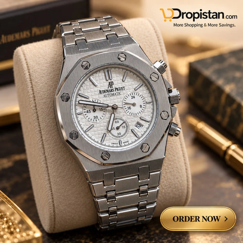 Audemars Piguet branded silver-tone men's watch with white dial on display - Dropistan UAE