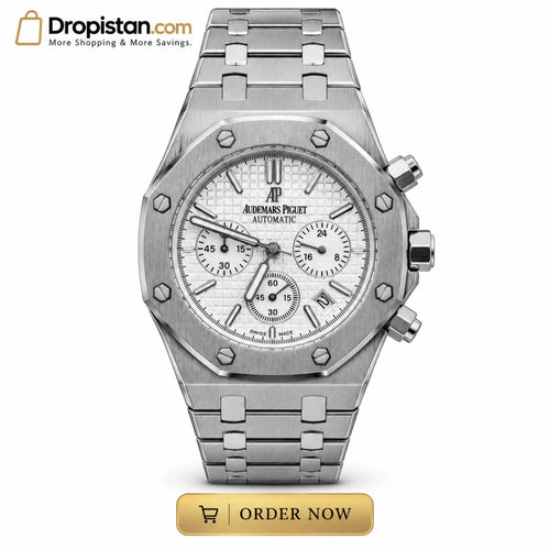 Audemars Piguet branded silver-tone men's watch with white dial front view - Dropistan UAE