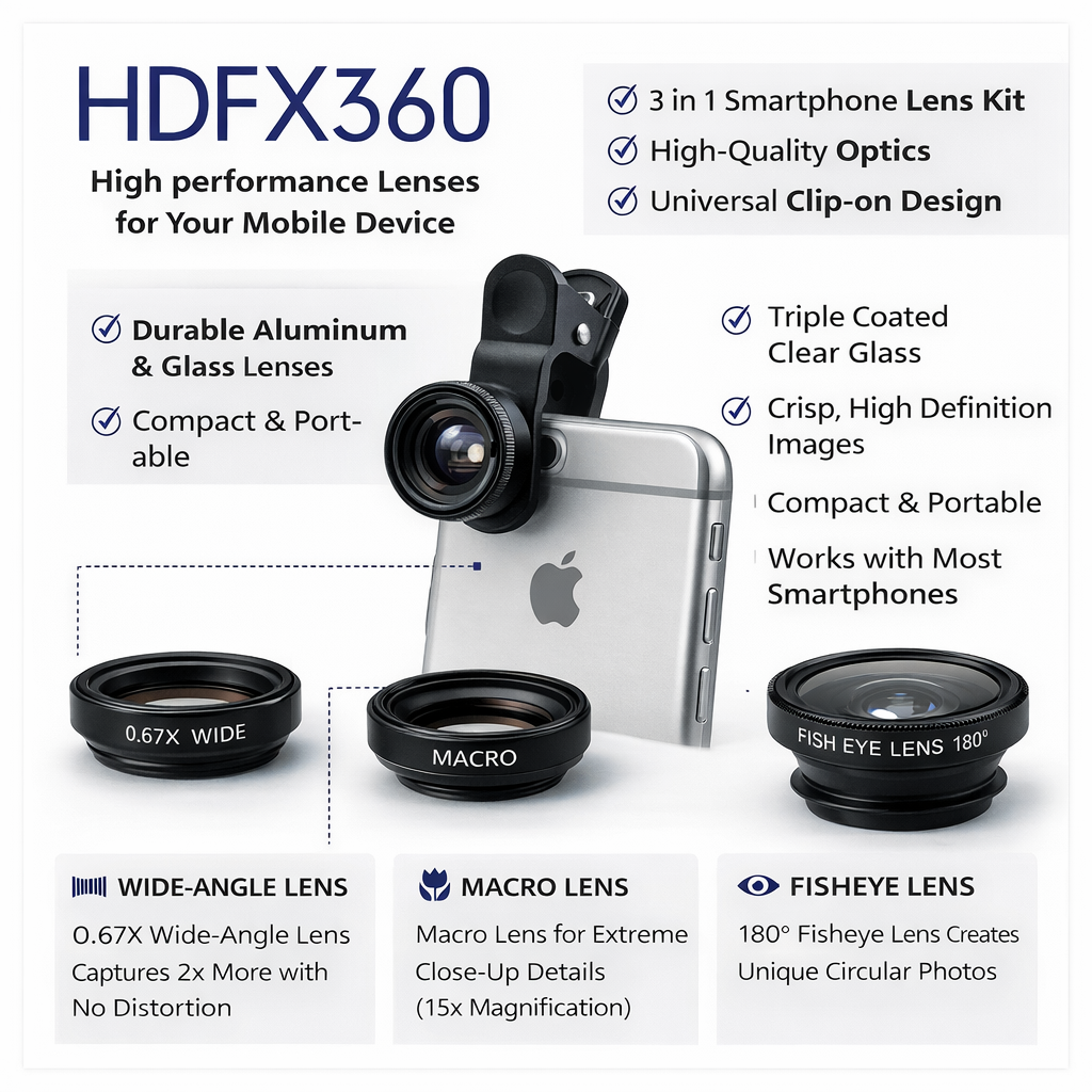 HDFX360 3-in-1 Mobile Camera Lens Kit – Wide Angle, Macro & Fisheye