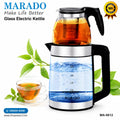 A MARADO glass electric kettle with a clear glass body, stainless steel collar, and black handle/knob, shown on a white background with a cup of tea and green leaves. The image includes marketing text, a 100% guarantee badge, and an order button.