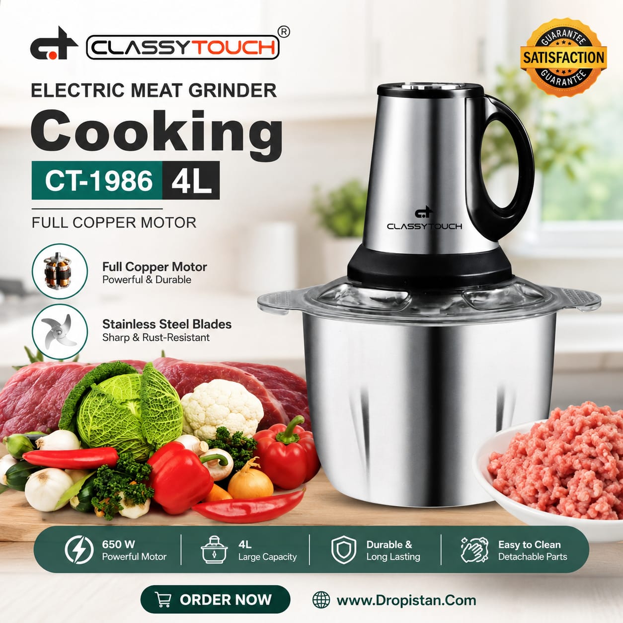 Classy Touch CT-1986 4L Electric Meat Grinder with a full copper motor and stainless steel blades, shown with fresh vegetables, raw meat, and ground meat on a kitchen counter background. Features text overlays and a satisfaction guarantee badge.