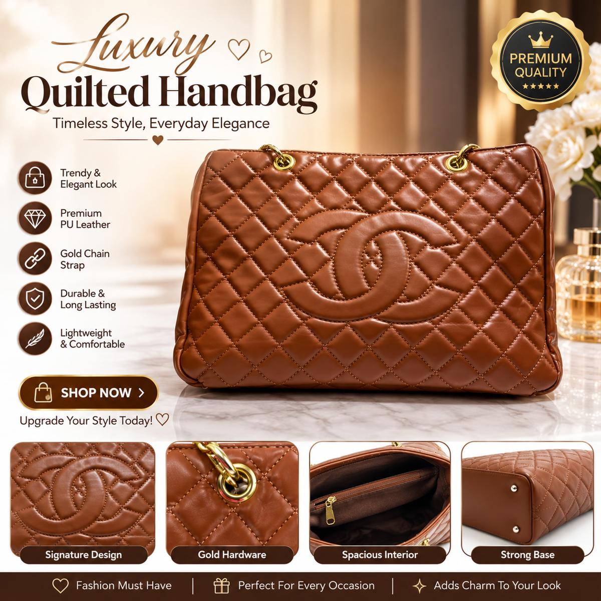 A brown quilted leather handbag with an embossed interlocking CC logo, presented on a marble surface with promotional text, feature icons, and detail close-ups.