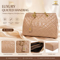 A Chanel quilted handbag in a light beige or blush-tan tone, shown prominently on a satin-like beige background with promotional text and feature callouts. The bag has an embossed Chanel logo, gold-tone chain strap hardware, and a hanging tag.