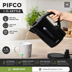 A black PIFCO 1.7L electric kettle being poured hot water into a white mug on a kitchen counter, with the product base shown beside it and marketing text overlays around the scene.