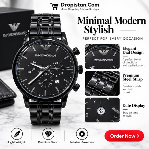 Black dial black metal men's watch feature graphic