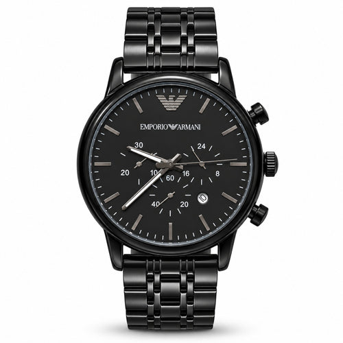 Black dial black metal men's watch front view