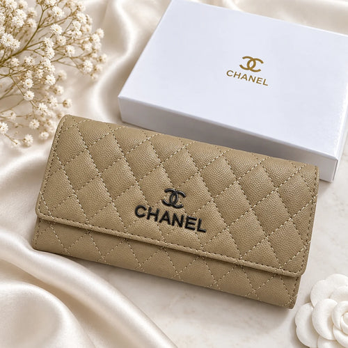 Chanel style quilted apricot beige women's long wallet with box