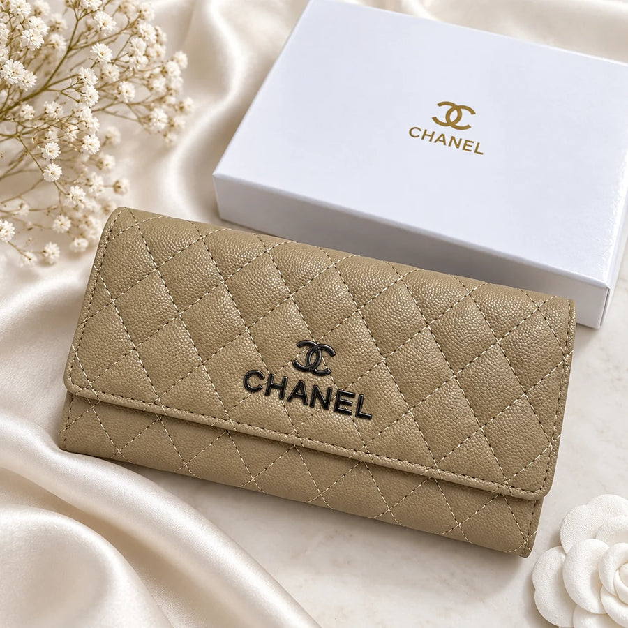 Chanel Style Quilted Long Wallet – Apricot Beige