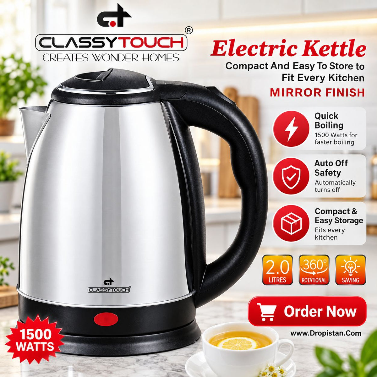 Classy Touch mirror finish 2 litre electric kettle 1500W with auto off - UAE