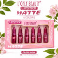 Six lipsticks in a pink display box labeled L'Only Beauty Lipstick Matte, with decorative green leaves and pink flowers around the product on a white background.