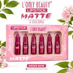 Six lipsticks in a pink display box labeled L'Only Beauty Lipstick Matte, with decorative green leaves and pink flowers around the product on a white background.