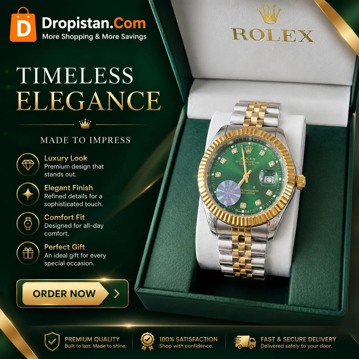 Green Gold Two-Tone Luxury Style Watch for Men