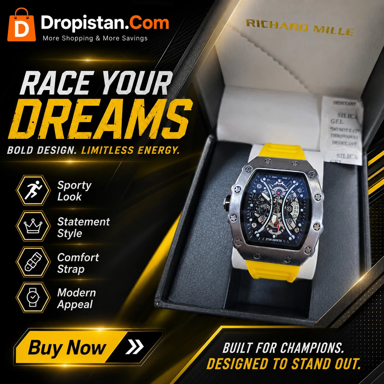 Yellow Strap Sport Luxury Style Watch for Men