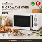 A white Classy Touch microwave oven with a black door window and silver control knobs, shown in a kitchen setting with food items and promotional text overlays.