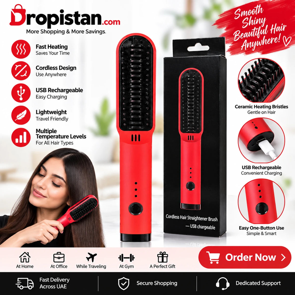 Cordless Hair Straightener Brush with USB Rechargeable Design - Dropistan UAE