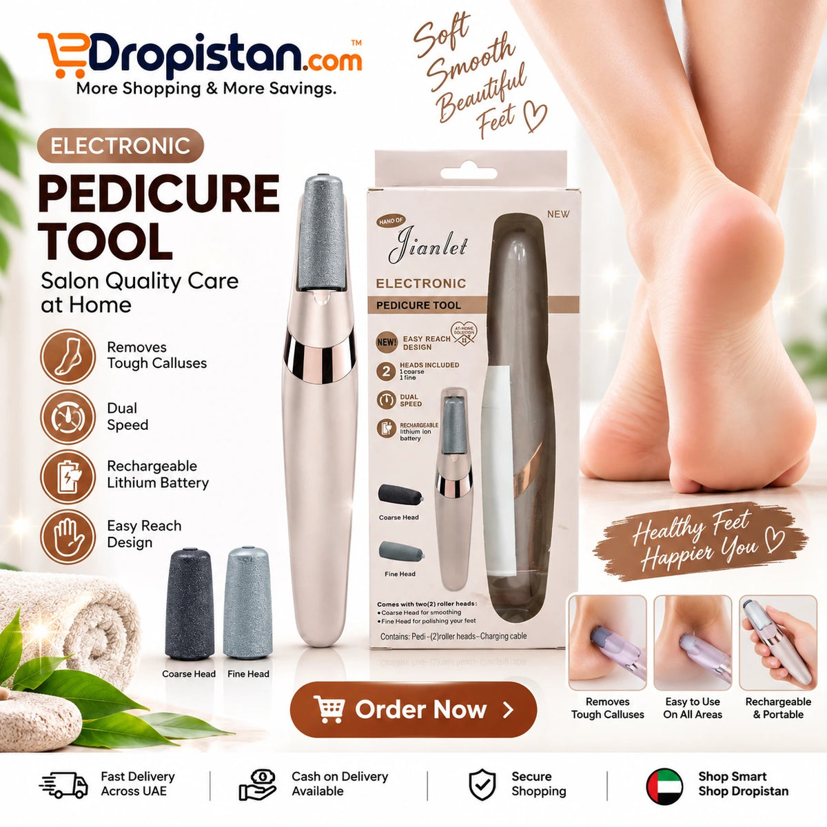 Jianlet rechargeable electronic pedicure tool with roller heads and Dropistan branding
