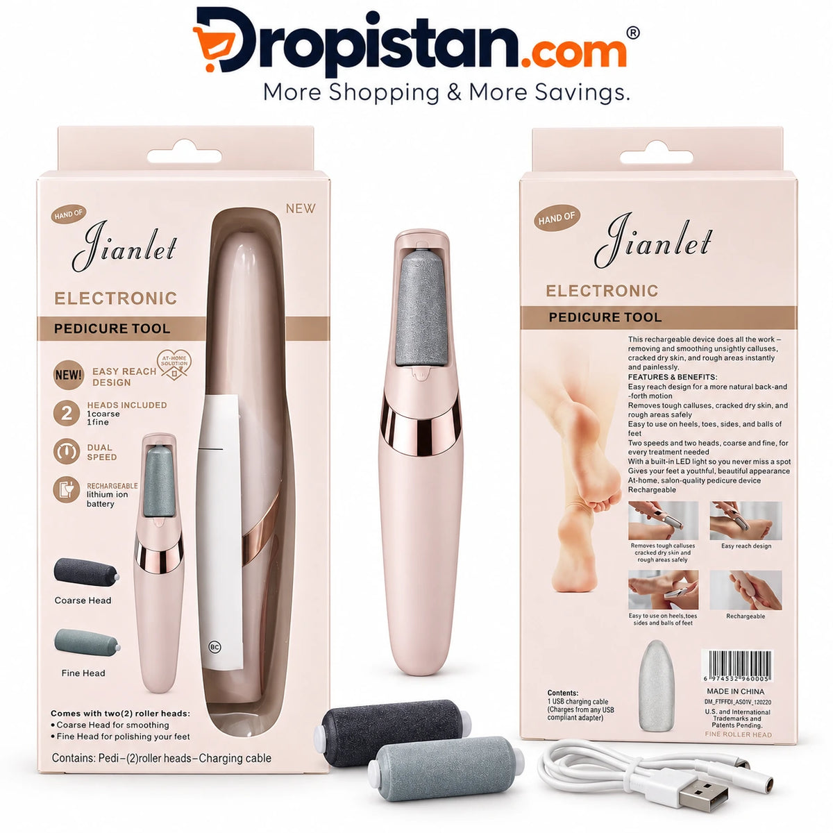 Electronic pedicure tool for home foot care with dual speed and two roller heads