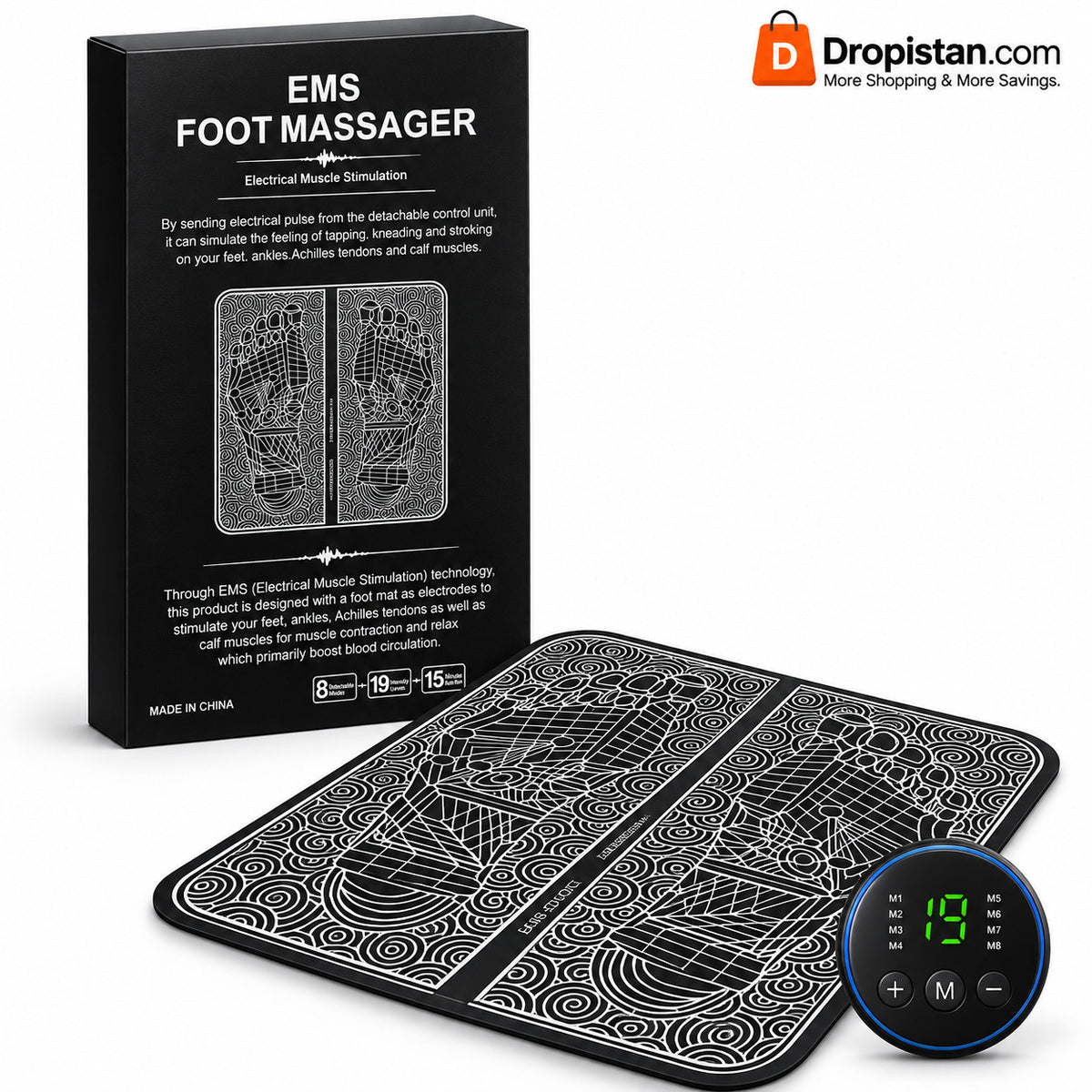 EMS Foot Massager product box massage mat and digital controller by Dropistan