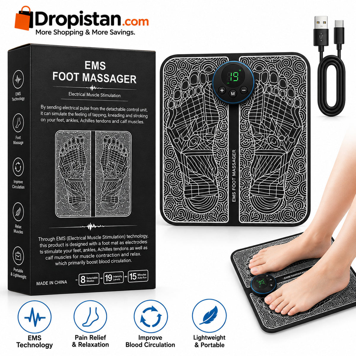 EMS Foot Massage Mat with controller USB cable and lifestyle use for Dropistan UAE
