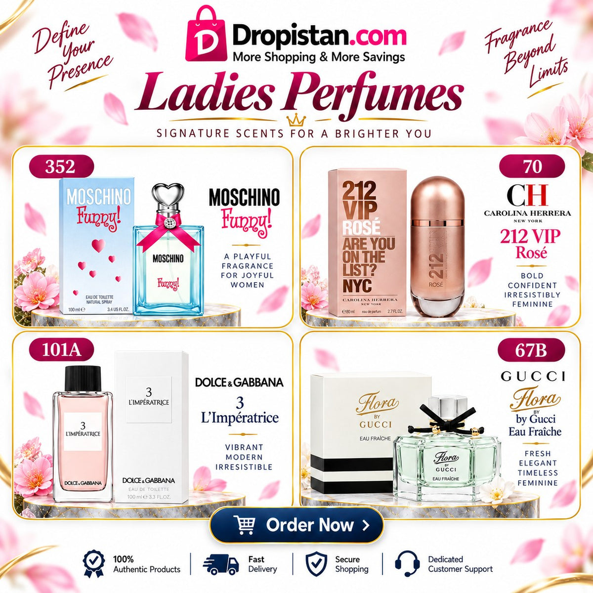 Ladies perfume combo UAE featuring Moschino Funny, Carolina Herrera 212 VIP Rose, Dolce & Gabbana L'Imperatrice 3 and Gucci Flora Eau Fraiche