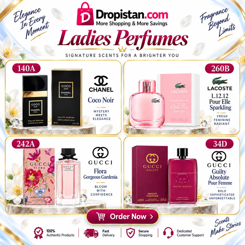 Luxury Ladies Perfume Combo Deal UAE – Chanel Coco Noir, Lacoste L.12.12, Gucci Flora & Gucci Guilty | 4-Piece Set