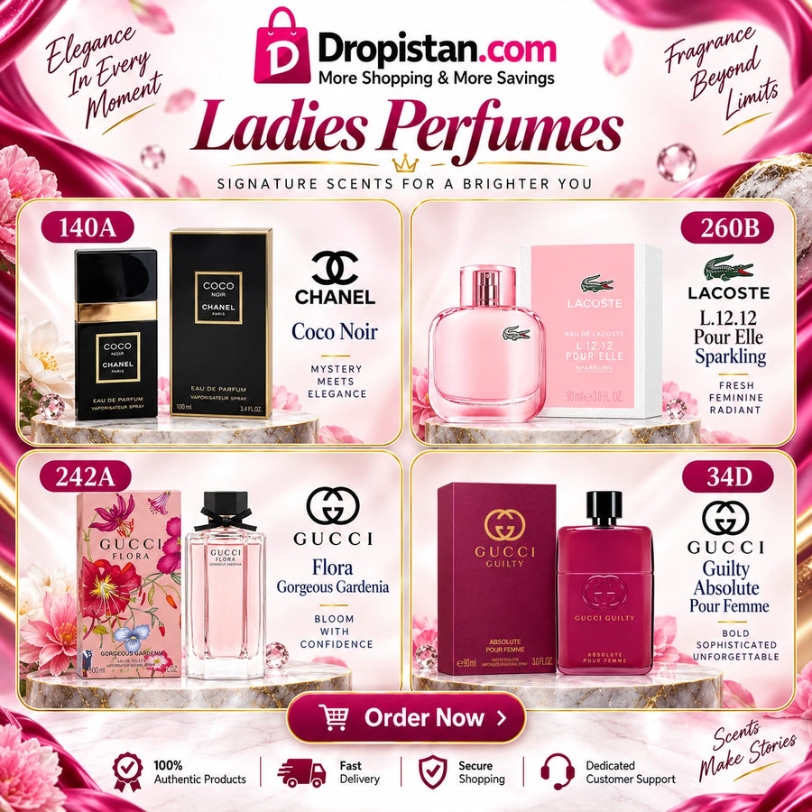 Luxury Ladies Perfume Combo Deal UAE – Chanel Coco Noir, Lacoste L.12.12, Gucci Flora & Gucci Guilty | 4-Piece Set