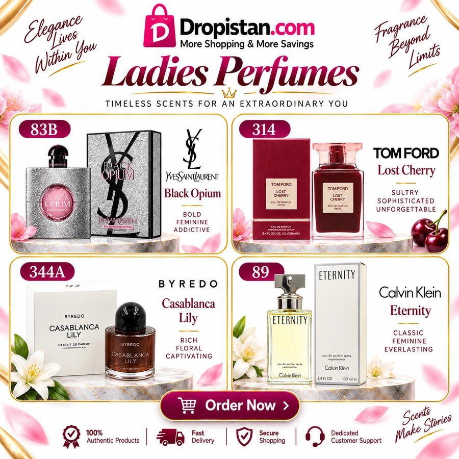Luxury Ladies Perfume Combo Deal UAE – YSL Black Opium, Tom Ford Lost Cherry, Byredo Casablanca Lily & Calvin Klein Eternity | 4-Piece Set