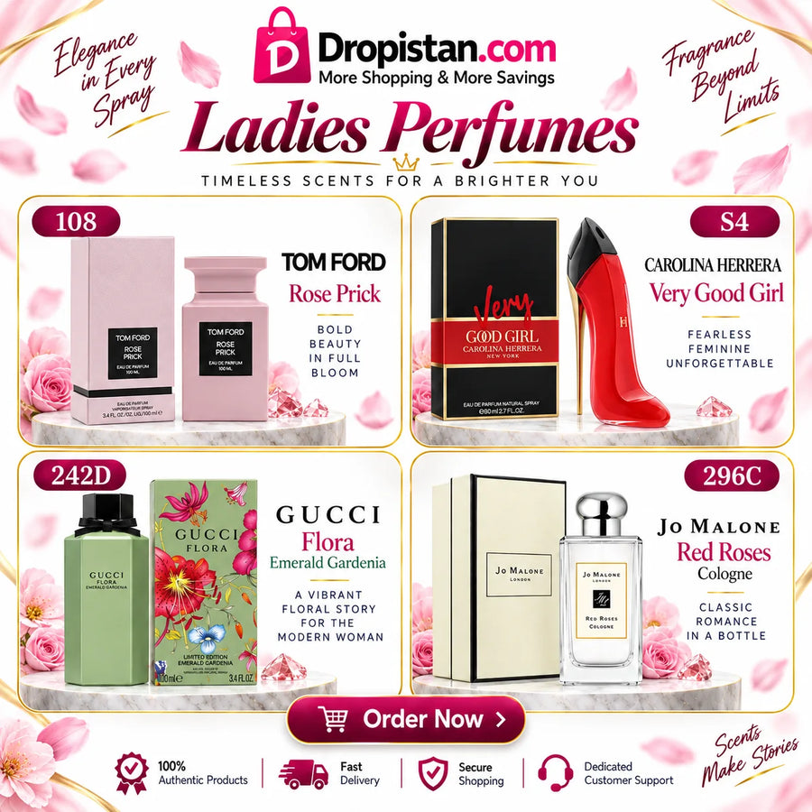 Ladies Perfume Combo Deal UAE – Tom Ford Rose Prick, Carolina Herrera Very Good Girl, Gucci Flora Emerald Gardenia & Jo Malone Red Roses | 4 Fragrances