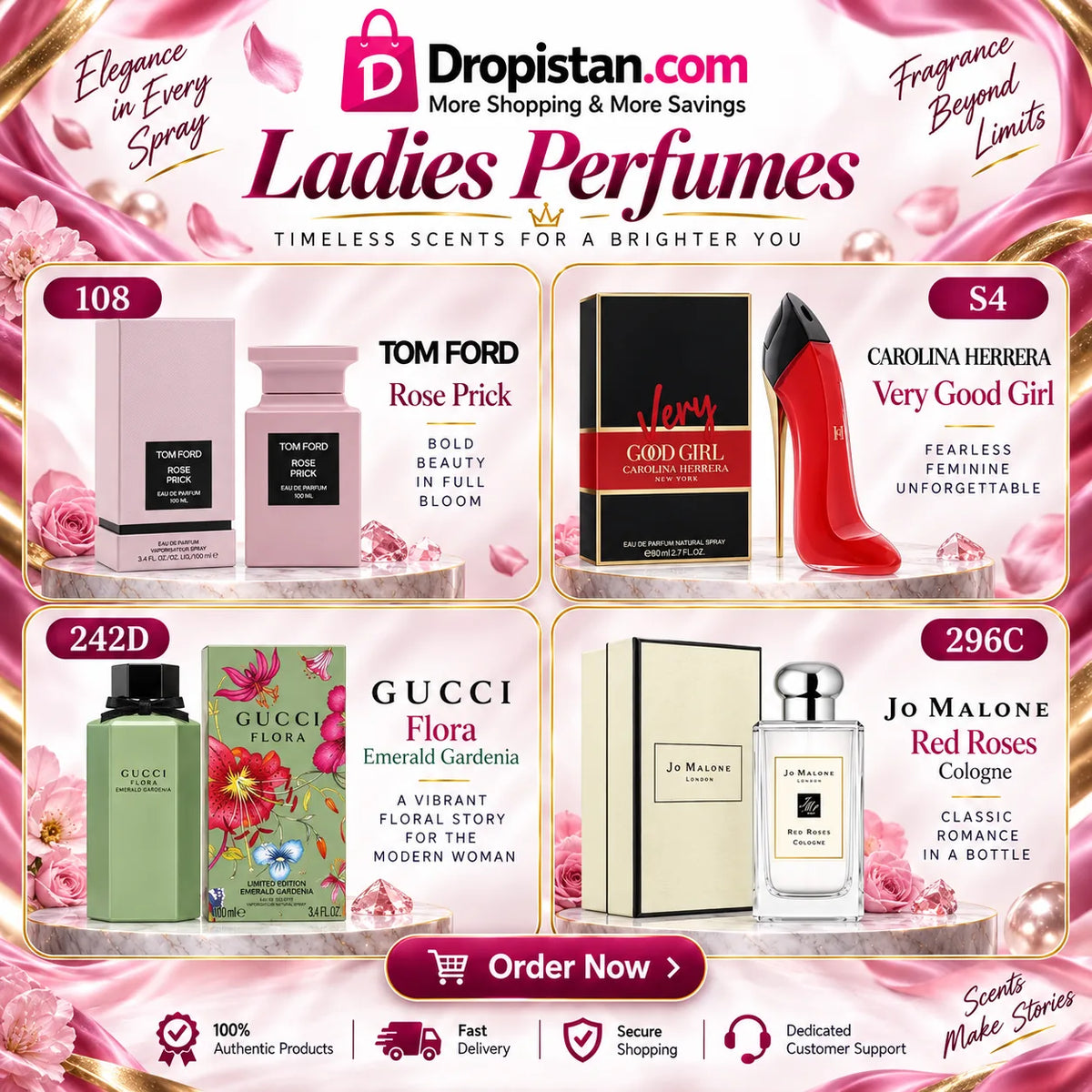 Dropistan ladies fragrance combo UAE with Tom Ford Rose Prick, Carolina Herrera Very Good Girl, Gucci Flora Emerald Gardenia and Jo Malone Red Roses