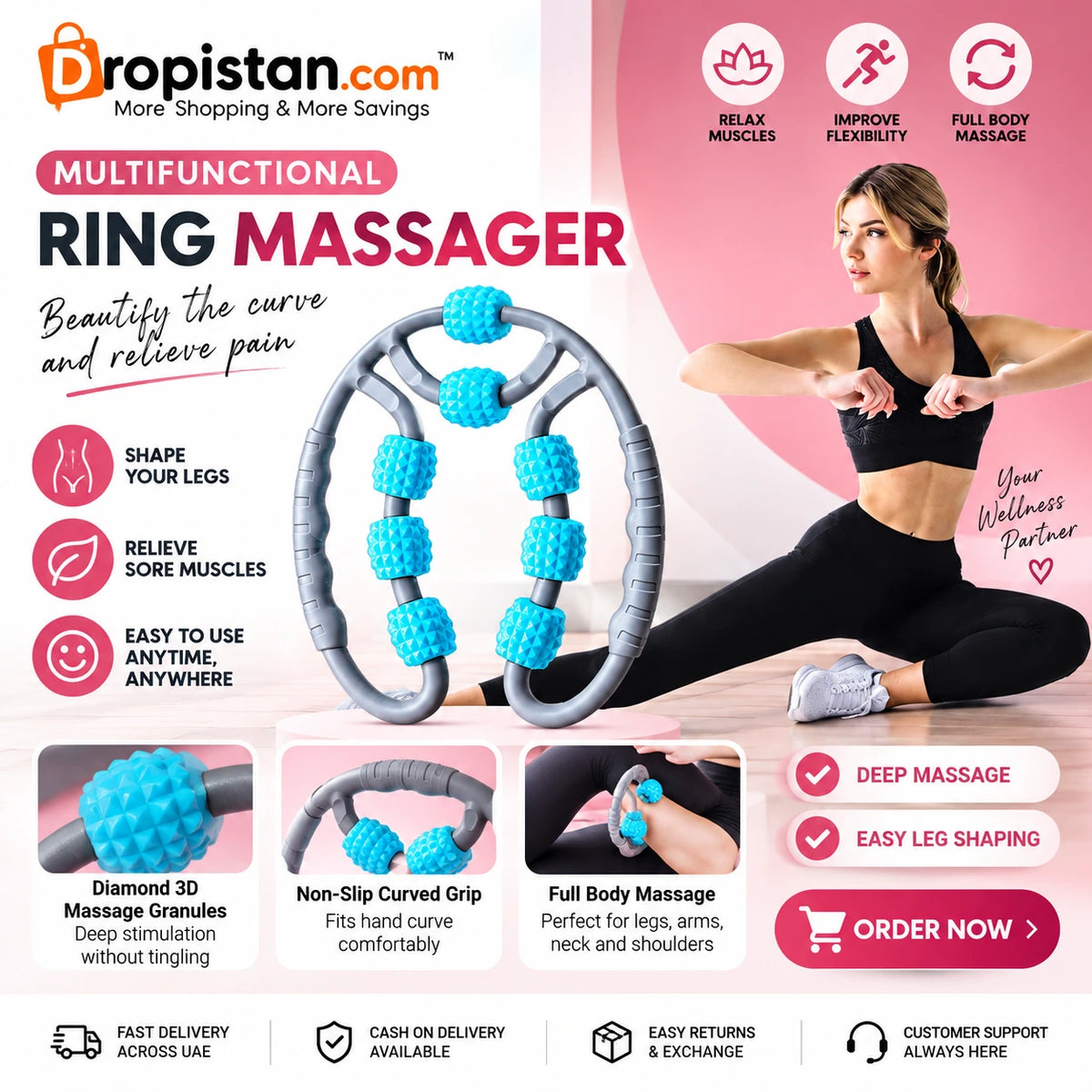 Ring massager product features with non-slip curved grip and textured massage rollers