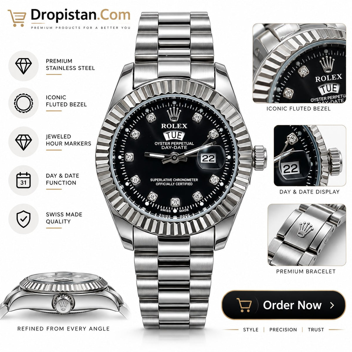 Luxury silver day-date wrist watch with black dial and metal bracelet