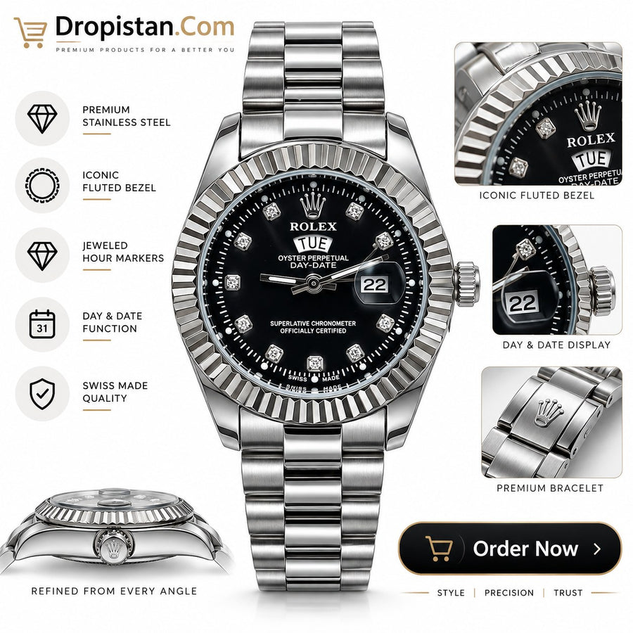 Luxury Silver Day-Date Wrist Watch – Dark Green Dial ⌚✨