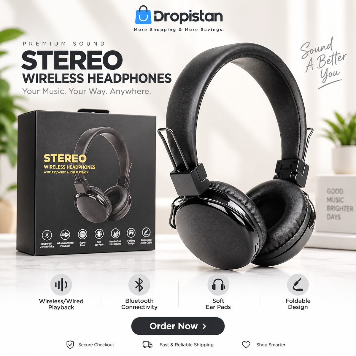Stereo wireless headphones with Bluetooth connectivity - Dropistan.com UAE