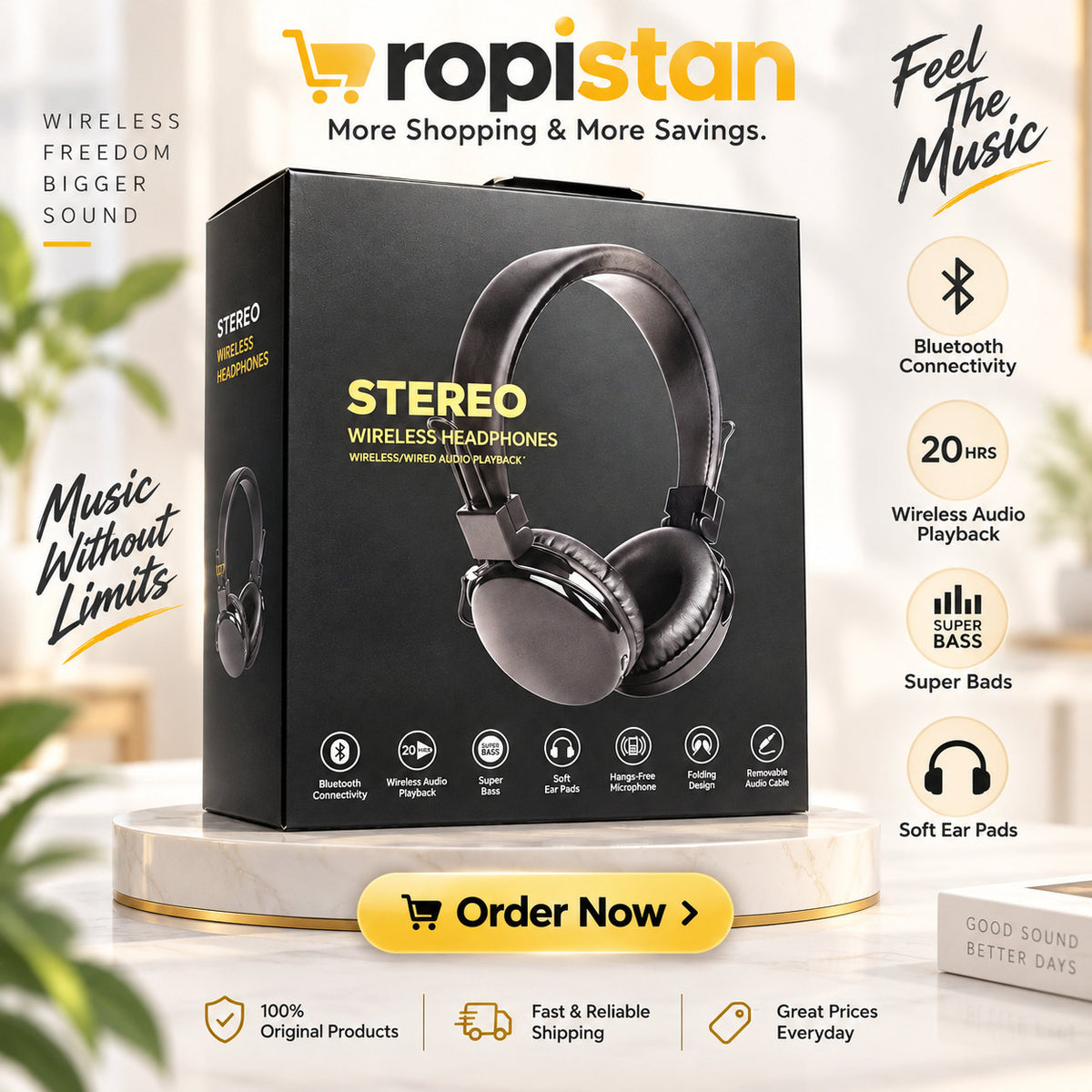 Foldable stereo wireless headphones with soft ear pads - Dropistan.com UAE