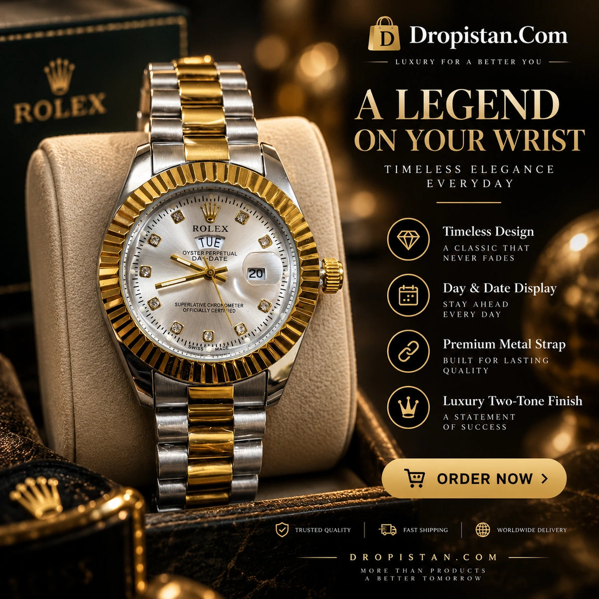Premium gold and silver day-date wrist watch close-up - Dropistan.com