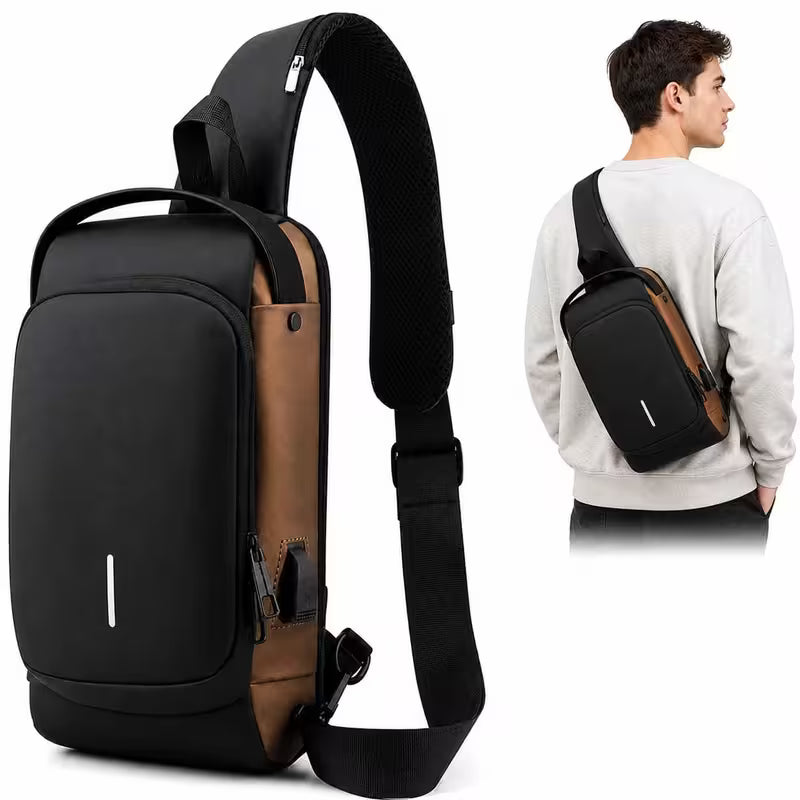 Durable travel and commuter crossbody bag, worn view