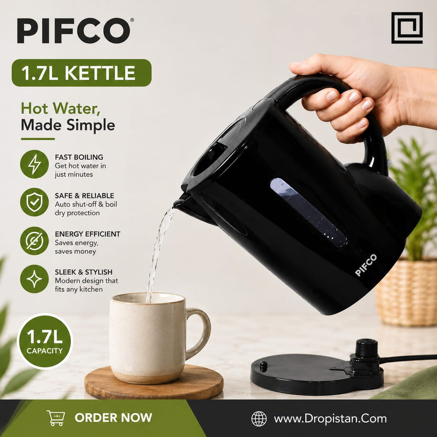PIFCO 1.7L Electric Kettle | Dry Boil Protection | Anti-Scale Filter | Black