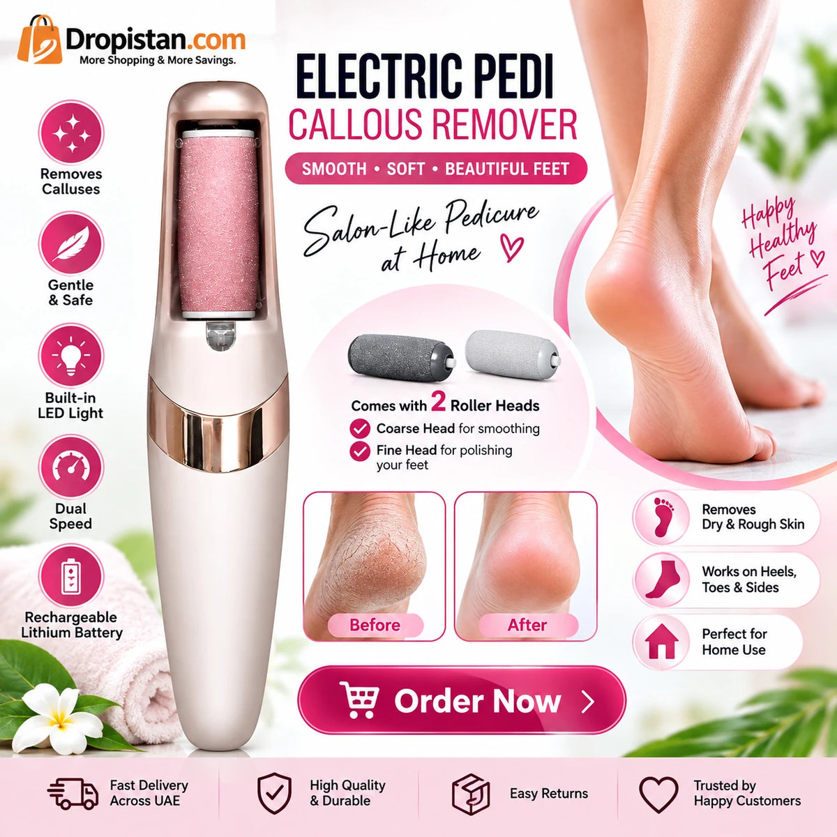 Electric Pedi Callus Remover with LED light, dual speed and two roller heads - Dropistan UAE