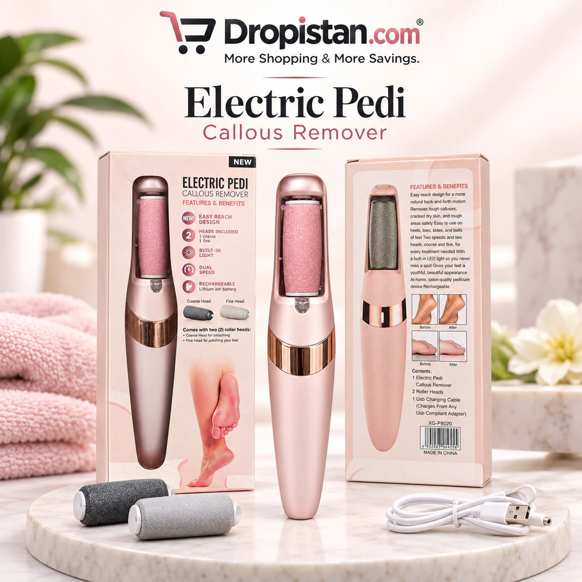 Electric Pedi Callus Remover set with roller heads and USB charging cable - Dropistan UAE