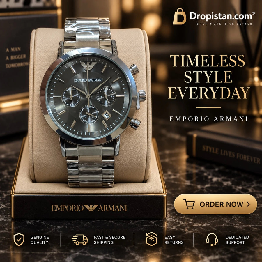 Emporio Armani Silver-Tone Chronograph-Style Men's Watch – Black Dial