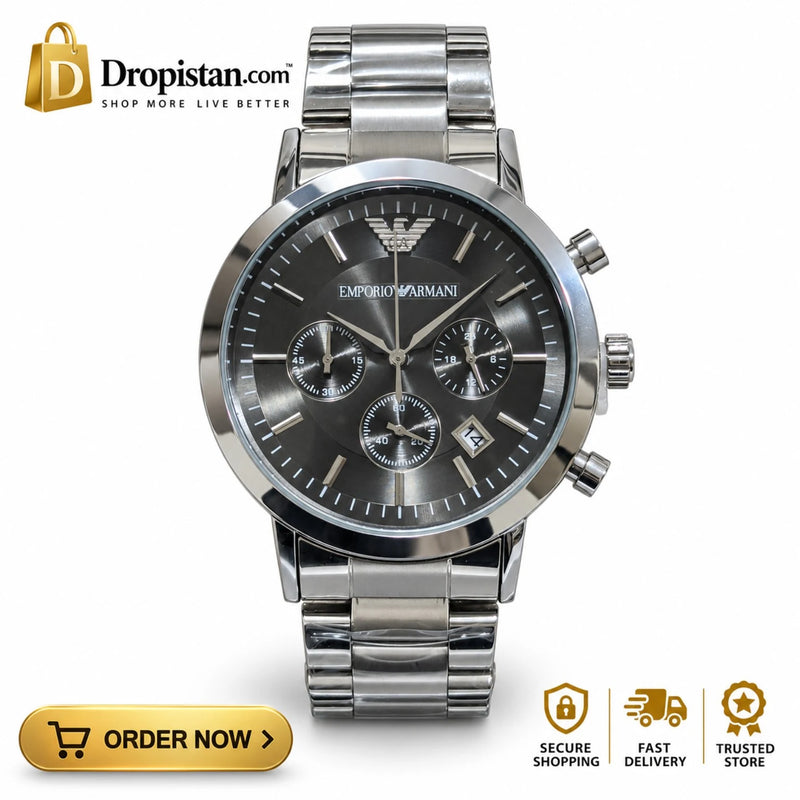 Emporio Armani Silver-Tone Chronograph-Style Men's Watch – Black Dial