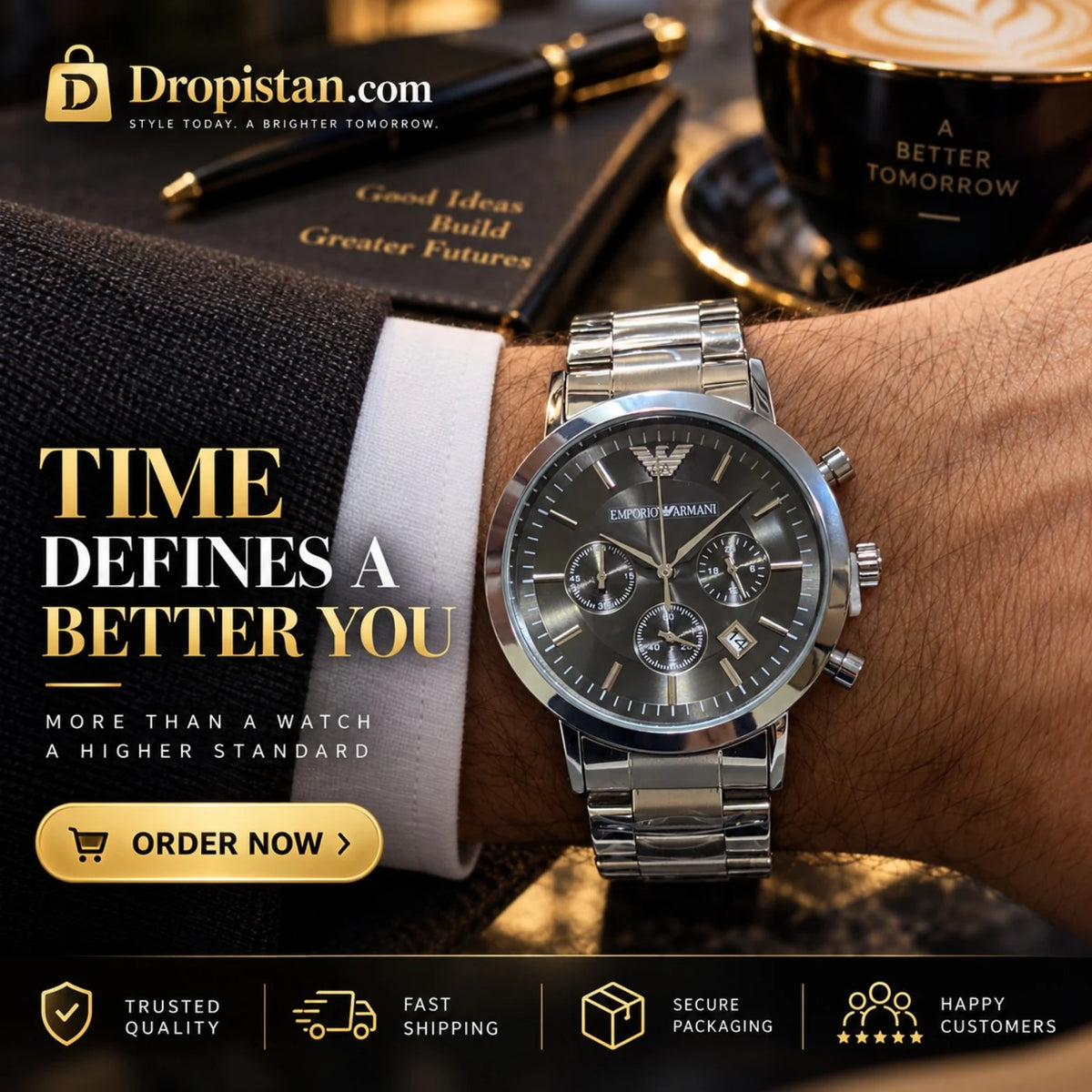 Emporio Armani branded silver-tone men's black dial watch lifestyle wrist image - Dropistan UAE
