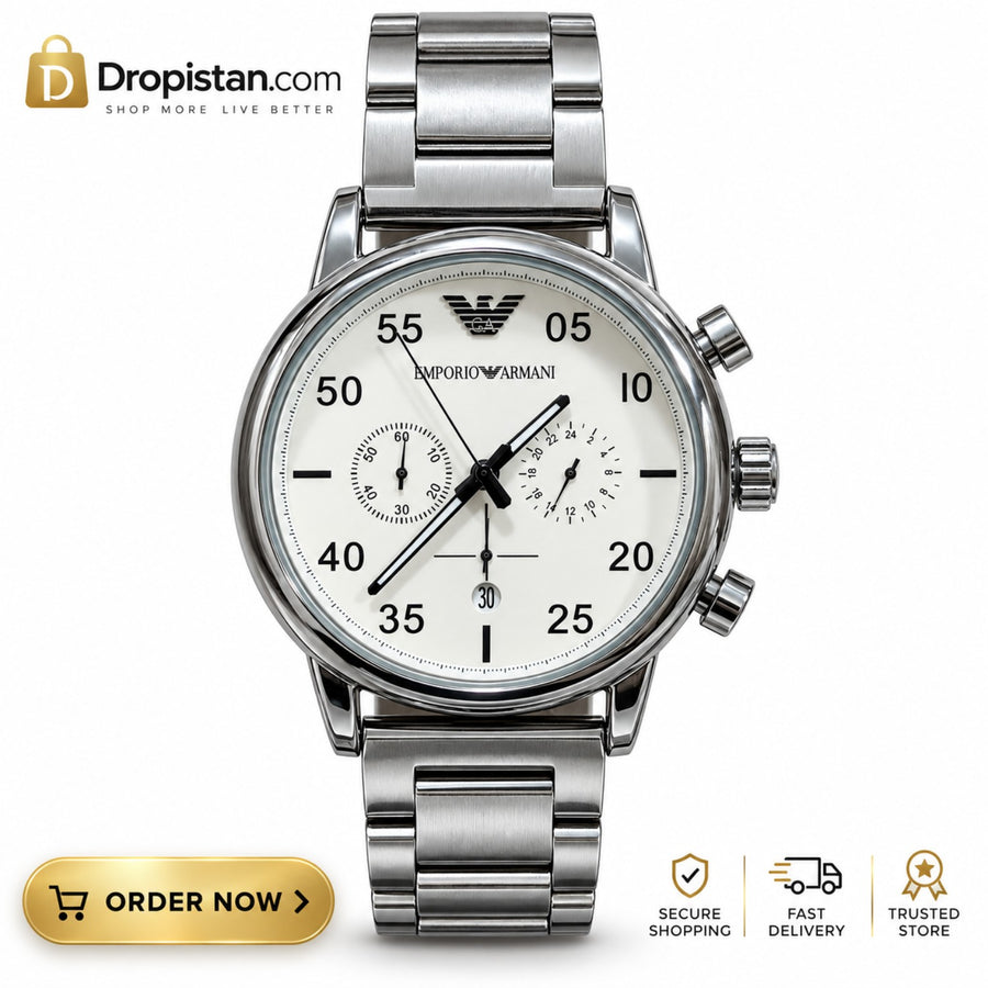 Emporio Armani Silver-Tone Chronograph-Style Men's Watch – White Dial