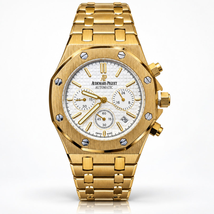 Gold White Dial Luxury Chronograph Style Watch