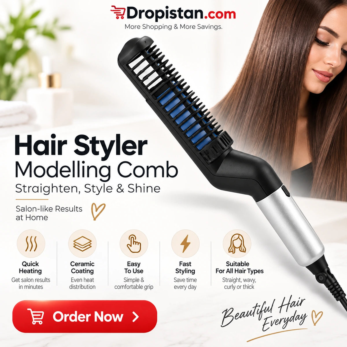Electric Hair Styler Modelling Comb with quick heating ceramic coating - Dropistan UAE