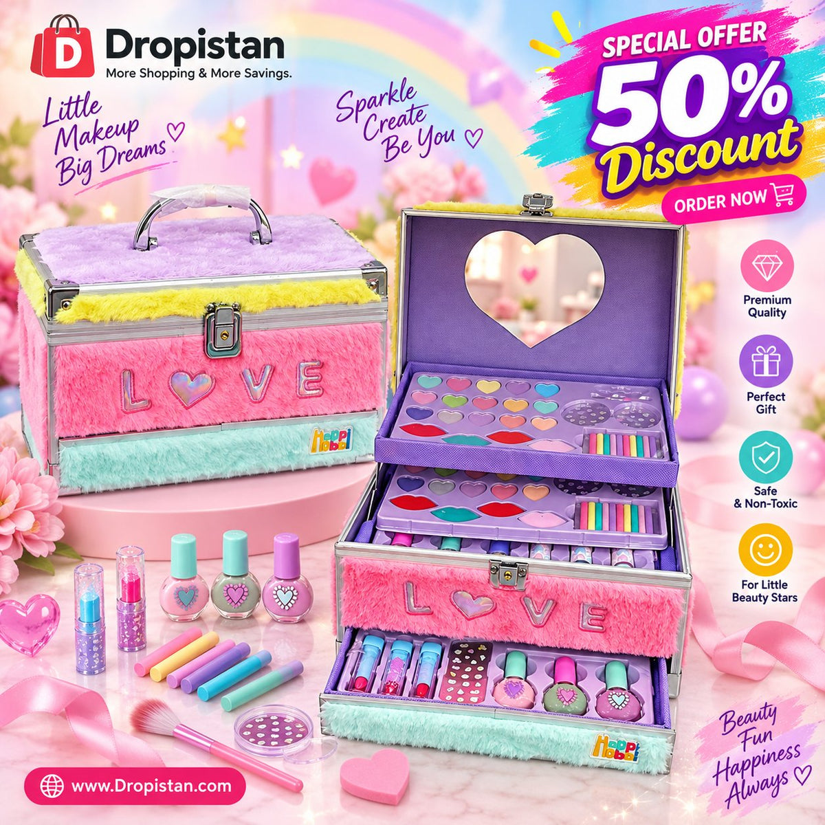 Colorful kids makeup vanity case set with mirror and beauty accessories